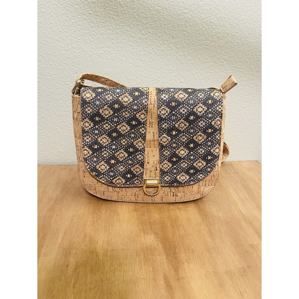 NEW Cork Crossbody Bag Purse Aztec Southwestern Brown Blue Zipper Magnet Closure